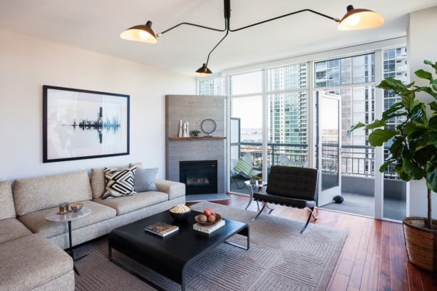 mid-century modern corner fireplace with floating mantel