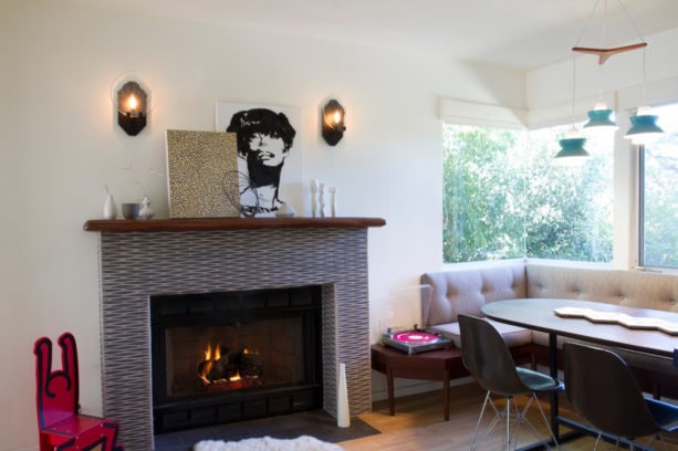 fireplace tile in mid-century modern style with wood mantel