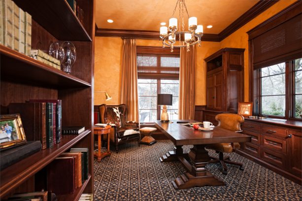 classic dining table functioned as a desk in a traditional home office