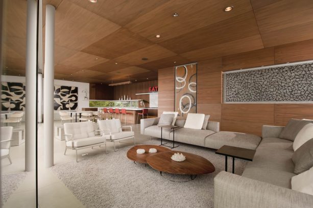 walnut ceiling panels that match the wood walls