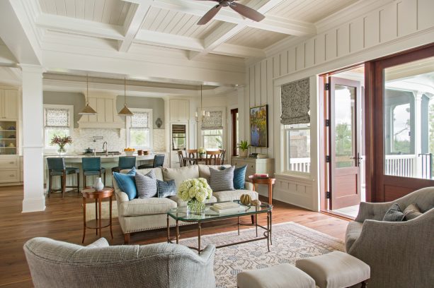 white painted v-groove wood panels in a coffered ceiling