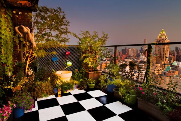 black and white checkered style balcony flooring