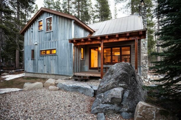 vertical salvaged metal siding in a cabin