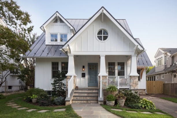 color combination of gray metal roof in a craftsman exterior of a white bungalow