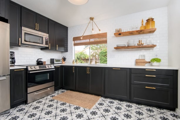 porcelain tile black and white kitchen floor in a unique design