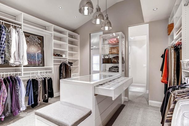 triple metallic pendants as a modern walk-in closet lighting