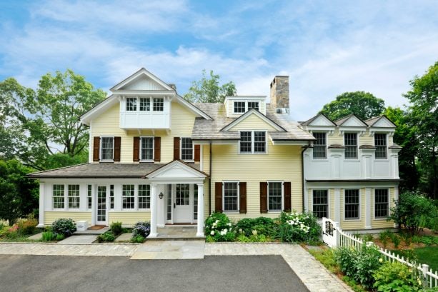 brown shutter color that goes with a yellow house