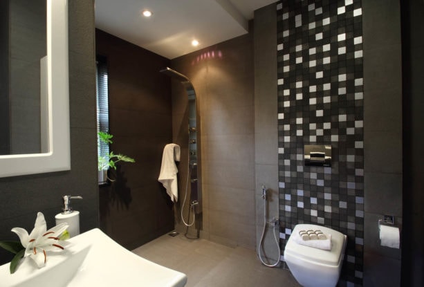 classy and luxurious black and white master bathroom without tub