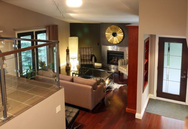 brick bond and wood strip different pattern wood floors in the adjoining family room and entrance