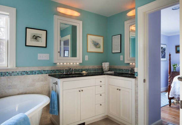 blue-green paint color, valspar - nautical go with beige tile