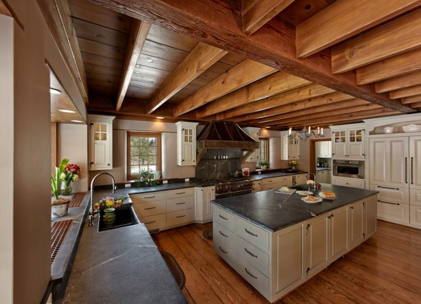 wood panels with cross beams in a low ceiling