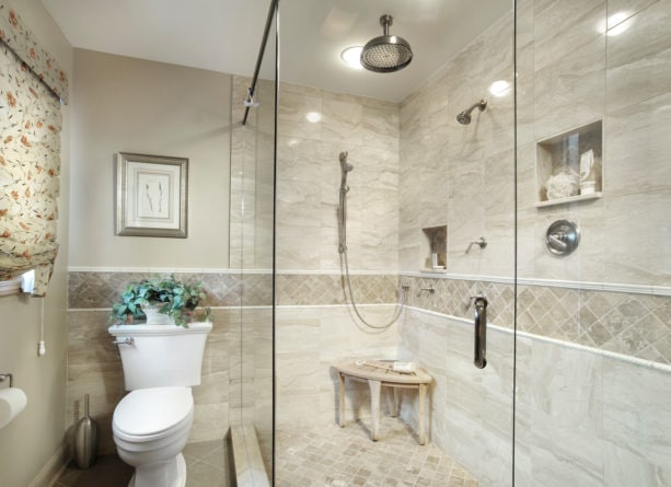 elegant traditional master bathroom without tub in beige color