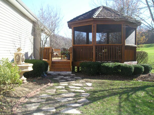 fully covered gazebo on a deck