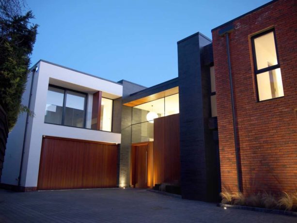 large minimalist garage with side sliding door in modern style