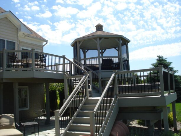 eight-sided gazebo on a raised deck