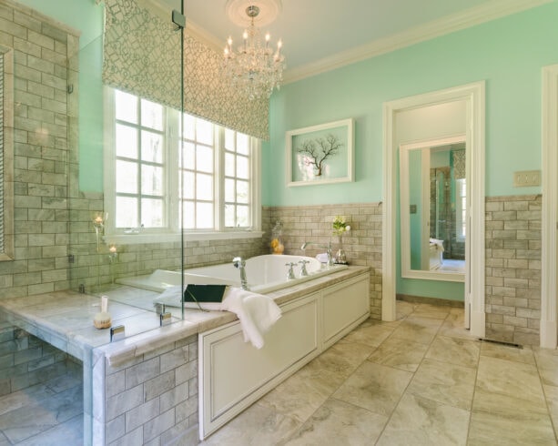 sherwin williams meander blue paint color go with beige tile