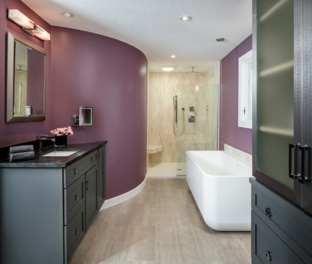 purple paint color, sherwin williams - expressive plum go with beige tile