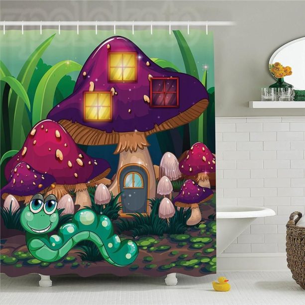 Ambesonne green worm and purple mushroom house shower curtain