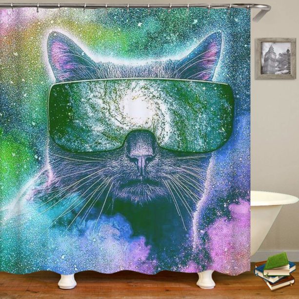 Sara Nell cat galaxy shower curtain