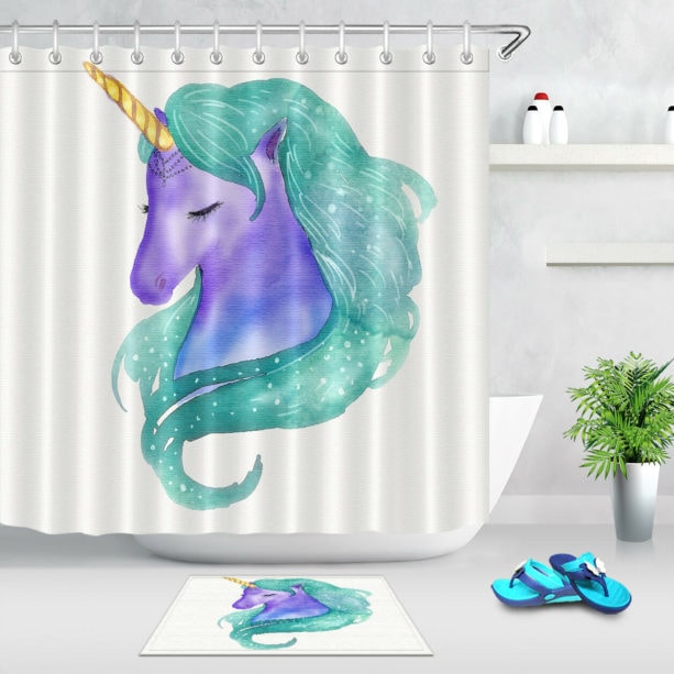 green and purple watercolor unicorn shower curtain