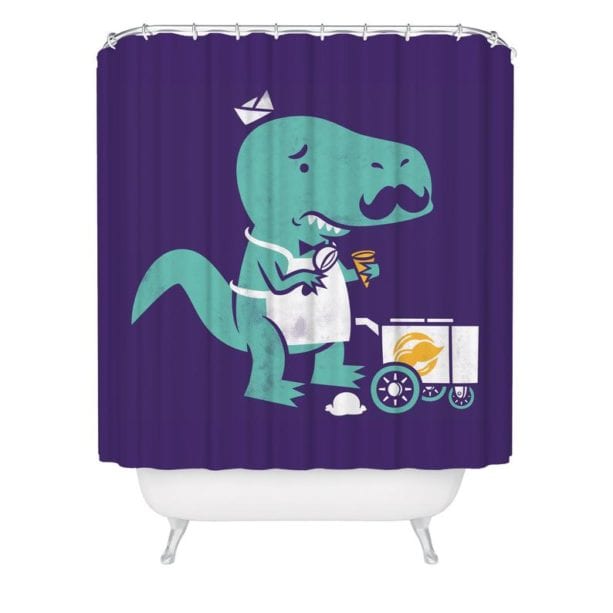 purple and green dinosaur shower curtain