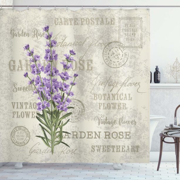 vintage lavender flower shower curtain with postcard detailing