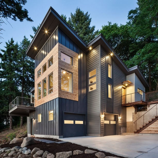 gray siding house with standing seam roofing metal color combination