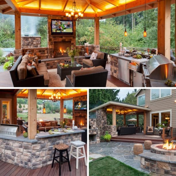 gazebo with outdoor lighting, fireplace, and tv