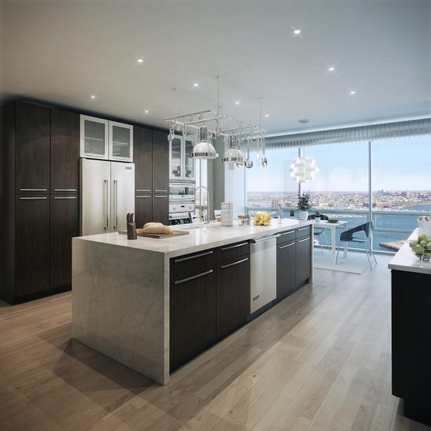 combination of dark flat panel cabinets, white countertops, and light tone wood floor