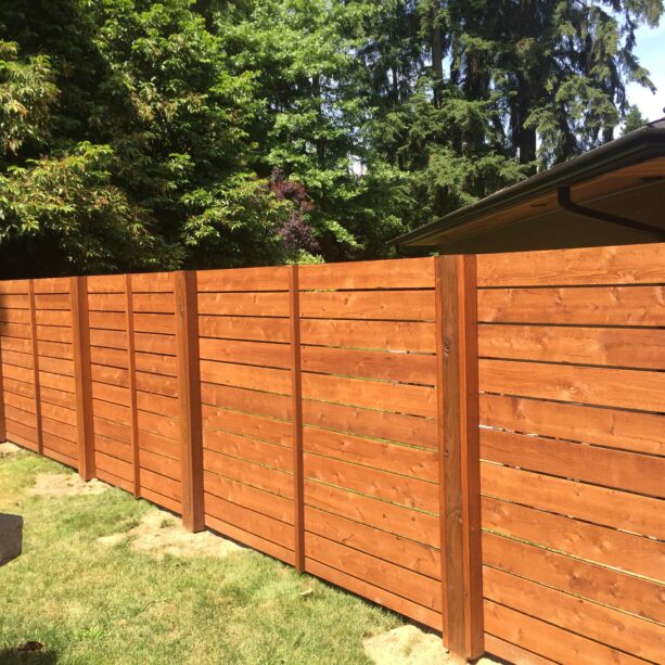 horizontally lain tight knot cedar fence in a mid-century modern style