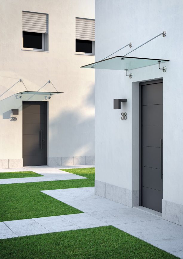 glass and steel system for a minimalist awning of a front door