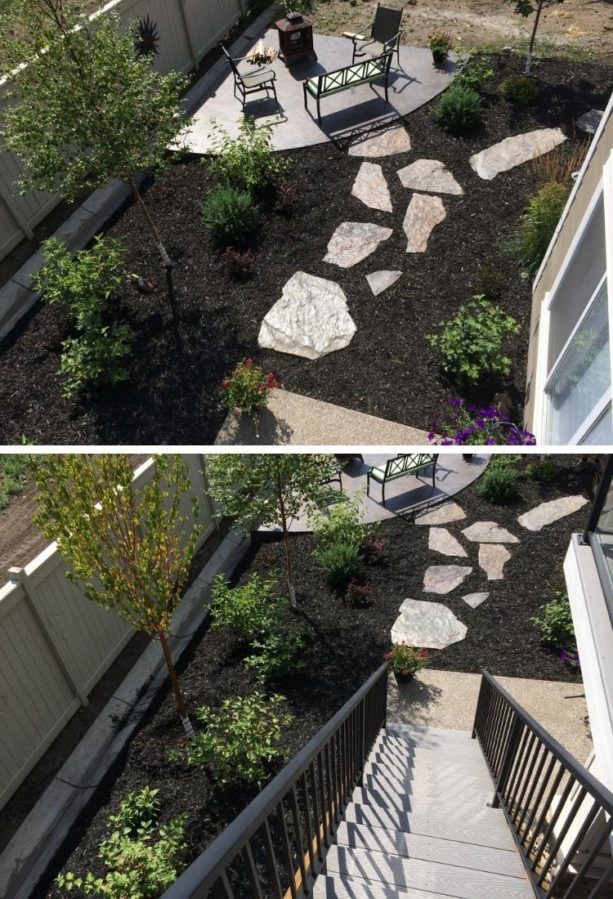 small backyard with a cornered stamped concrete patio