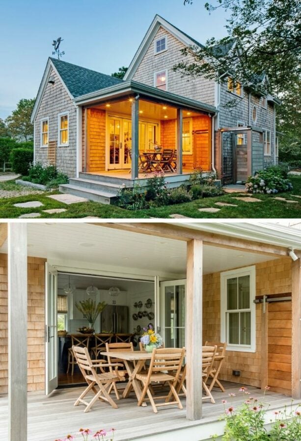 an outdoor dining space is placed on a small back porch