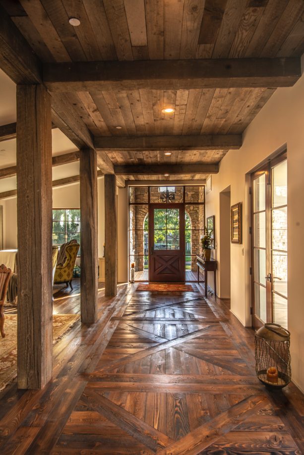 weathered ceiling wood panels in a dark tone to create a mountain style look