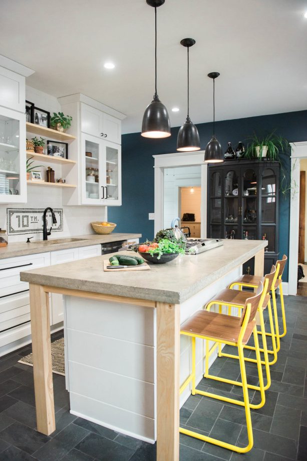 gray natural slate kitchen floor paired with crisp white cabinets