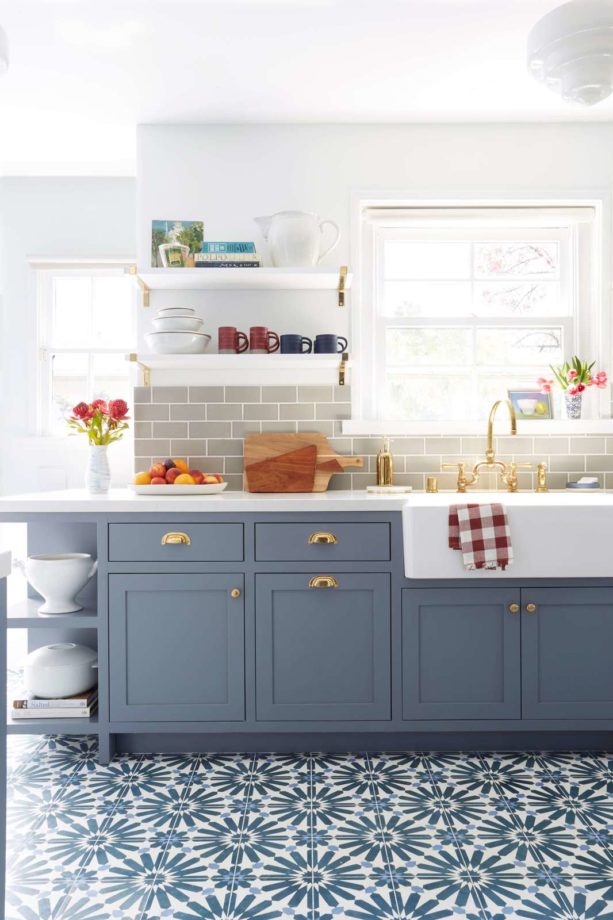 classic blue gray cabinets in a traditional kitchen