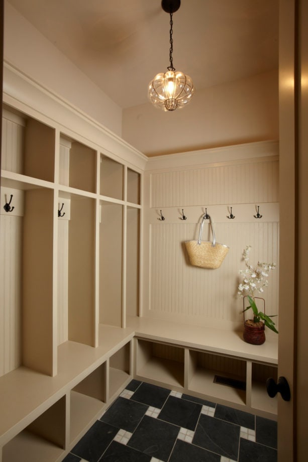 traditional mudroom small entryway with black slate and white tumbled stone flooring idea