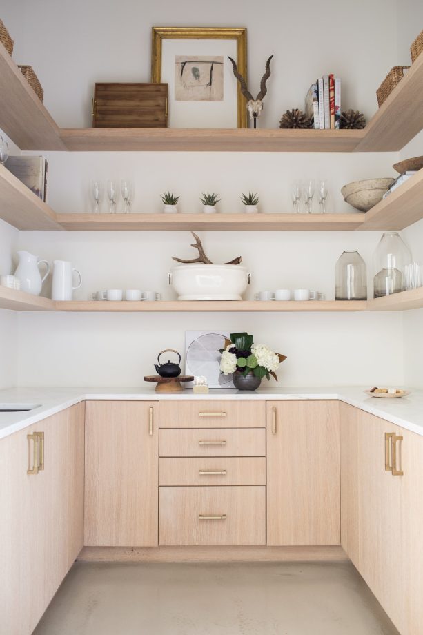 light gray floor combined with light tone wood cabinets