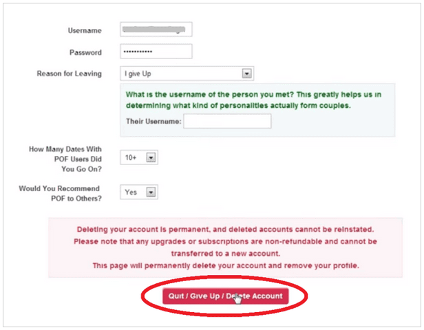 delete plenty of fish account
