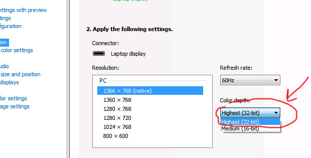 Step 3. Colour depth setting