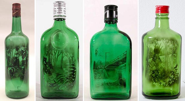 Smoke paintings on the bottle by Jim Dingilian 