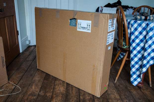 bike in a cardboad box