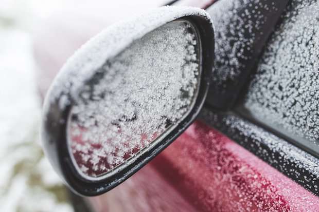 Snow covered car mirror