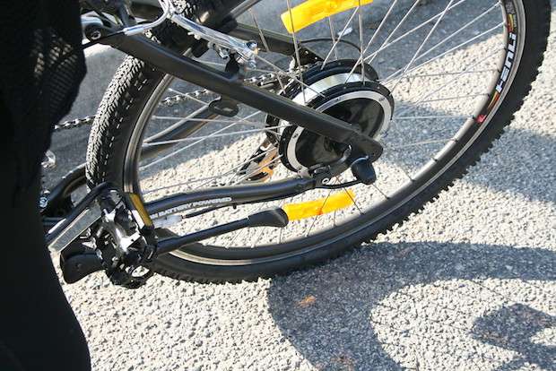 Closeup of a rear hub motor on an electric bike