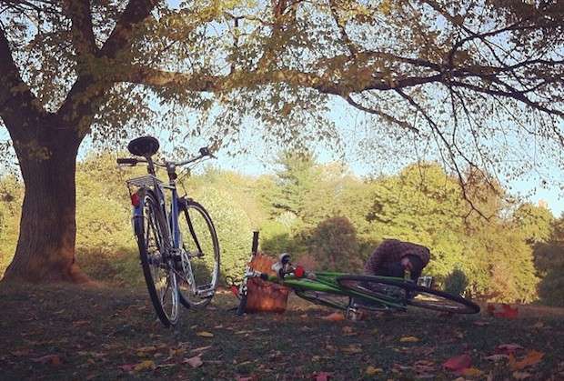 A bike lying on the ground next to a bike standing on its kickstand