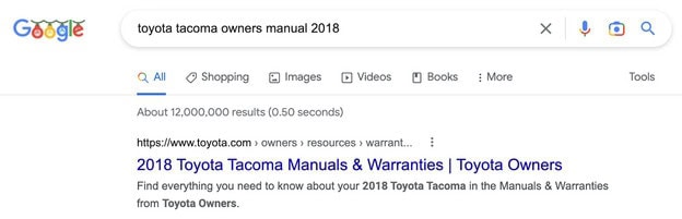 Google search results for 2018 Toyota Tacoma owner's manual