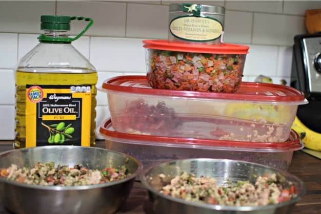 Ingredients for prepping a fresh homemade meal for our dogs.