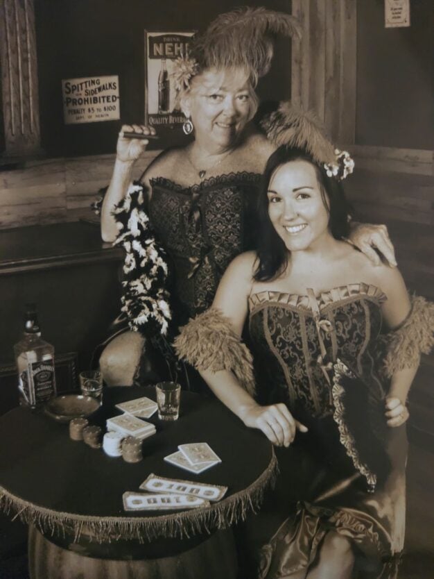 old timey photo with mom at goldfield ghost town in arizona