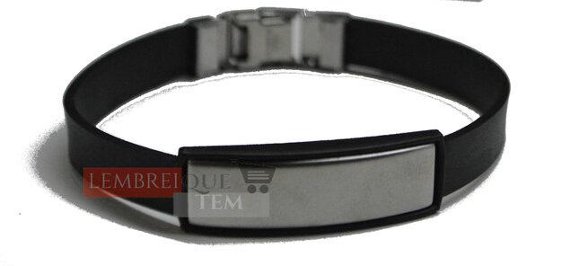 Pulseira Unisex de Silicone Preto com Placa de identificação Metal em Aço Inoxidável