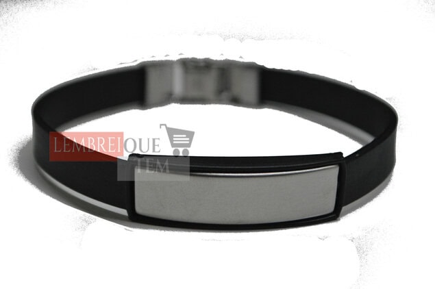 Pulseira Unisex de Silicone Preto com Placa de identificação Metal em Aço Inoxidável